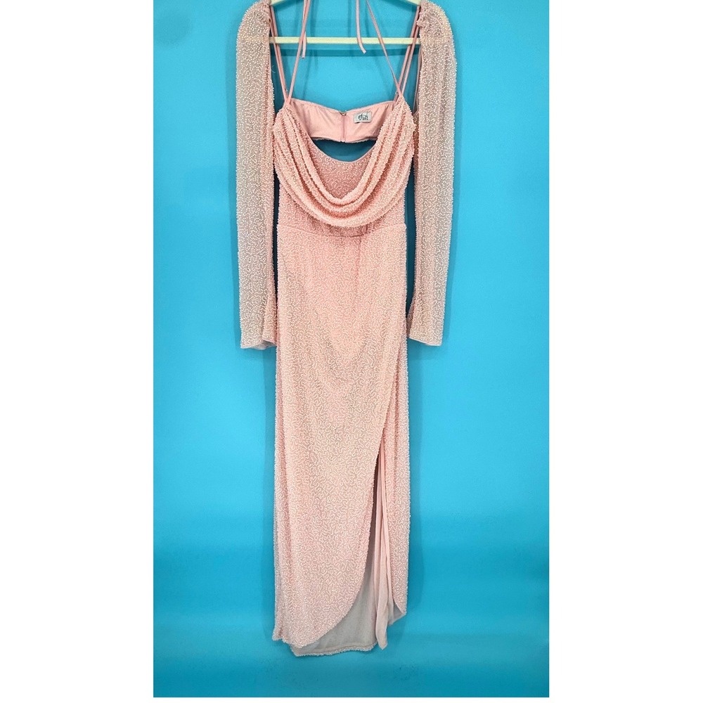 Oh Polly Pink Beaded Cowl Neck Maxi Dress Open Back Long Sleeve US 14 Prom Gala